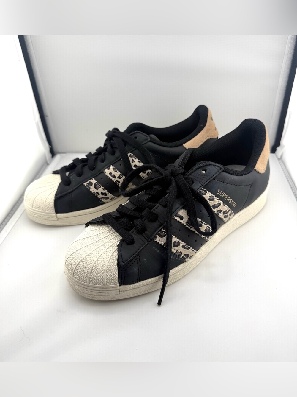 adidas Superstar Black Beige Leopard Stripe Women's Sneakers Tennis Shoes 8